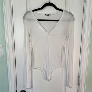 Women's White Long Sleeve Henley Bodysuit
